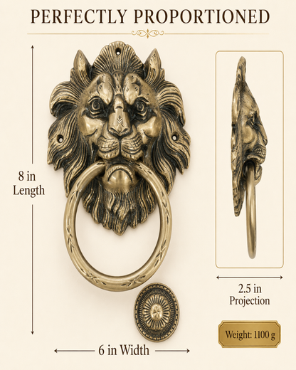 An antique-style lion head door knocker with a ring pull, shown with dimension callouts reading 8 in length, 6 in width, 2.5 in projection, and weight 1100 g on a light beige background.