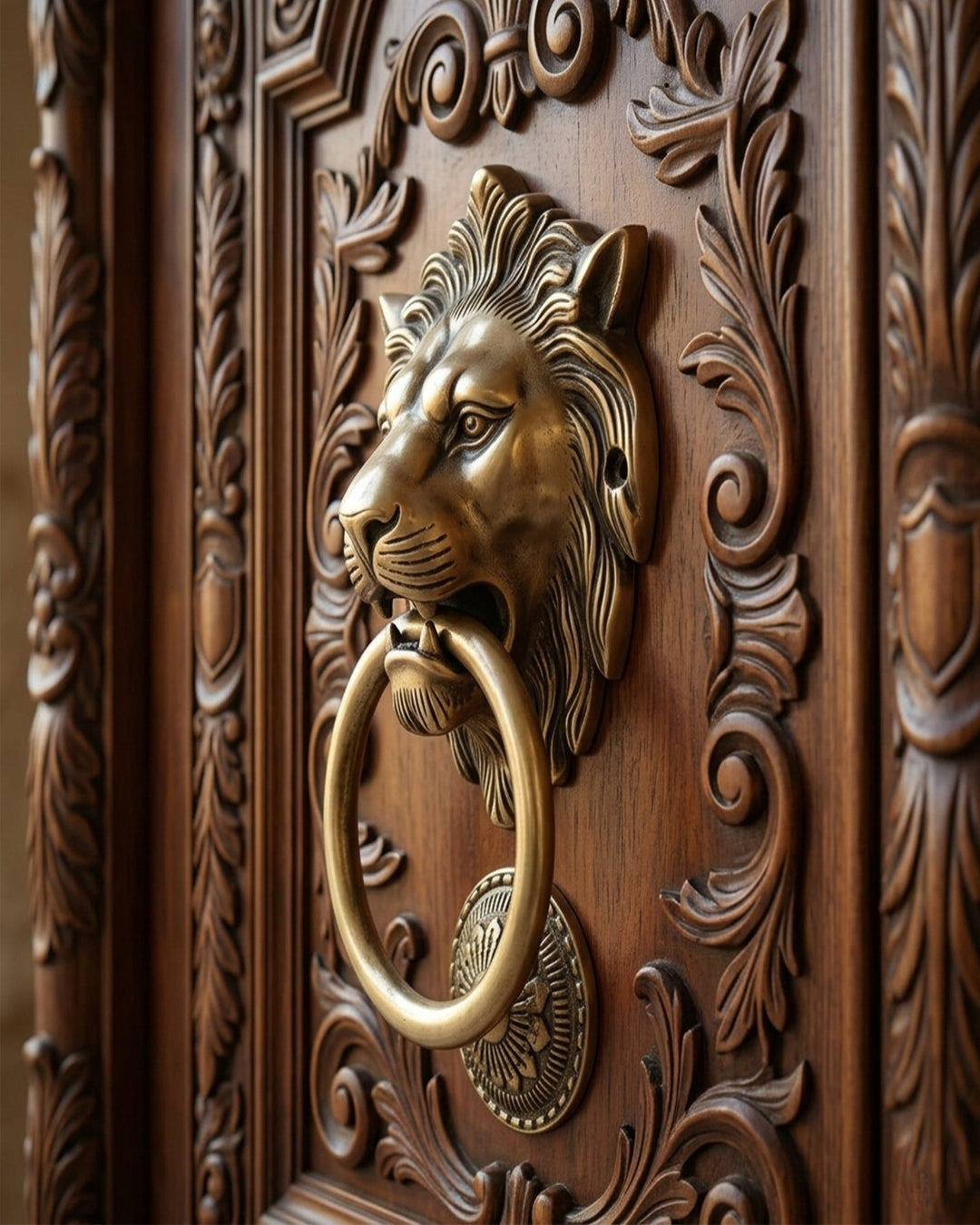 Decorative wooden door with a lion head knocker