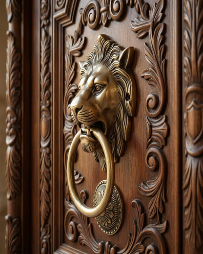 Decorative wooden door with a lion head knocker