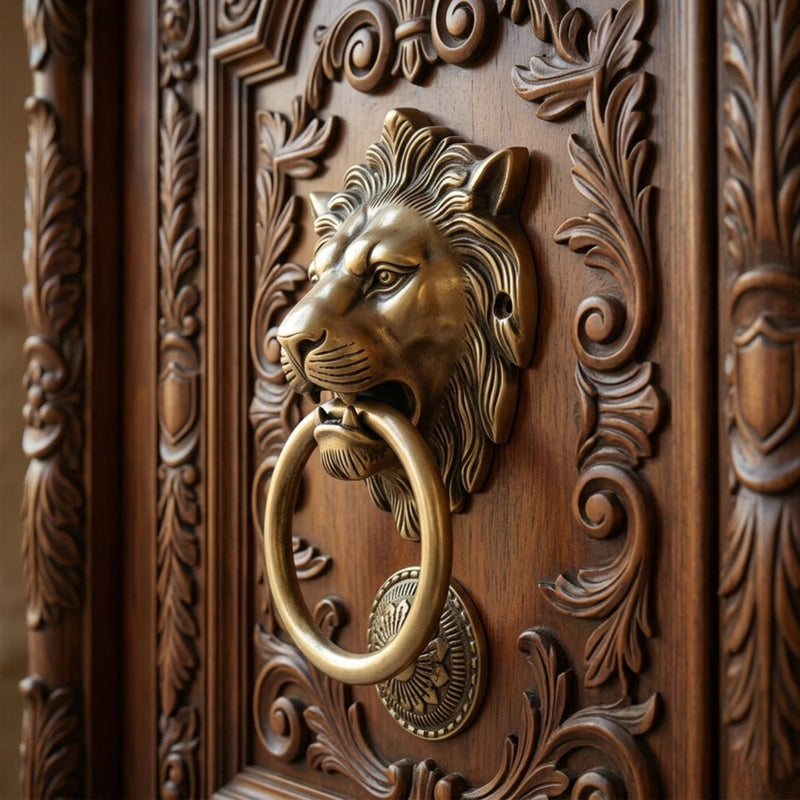 Decorative wooden door with a lion head knocker
