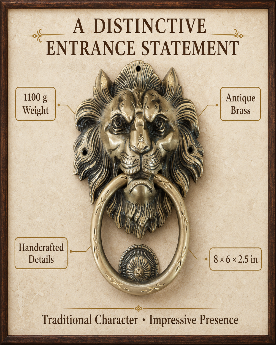 Lion head metal door knocker with a ring pull, shown on a beige informational graphic with text callouts reading '1100 g Weight,' 'Antique Brass,' 'Handcrafted Details,' and '8 x 6 x 2.5 in.