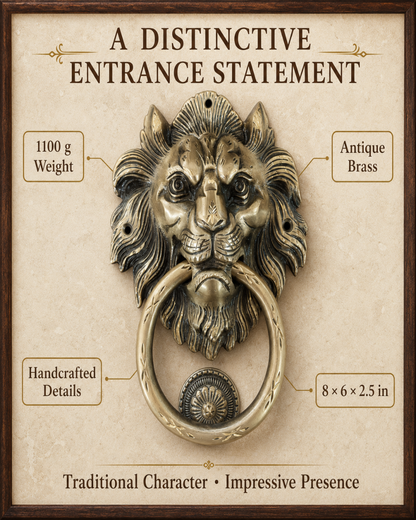 Lion head metal door knocker with a ring pull, shown on a beige informational graphic with text callouts reading '1100 g Weight,' 'Antique Brass,' 'Handcrafted Details,' and '8 x 6 x 2.5 in.