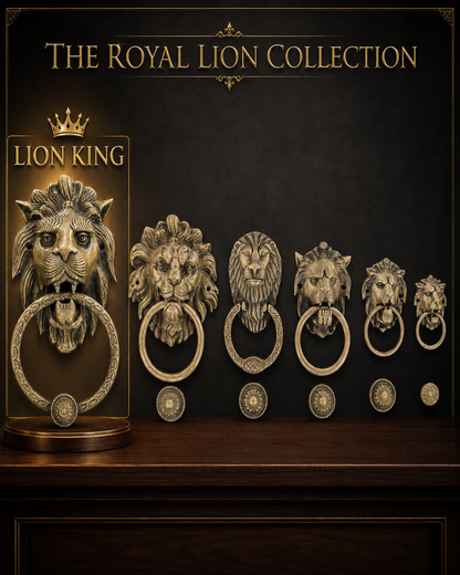 A set of six lion-head ring pull door knobs in graduated sizes, displayed on a dark wooden surface against a dark background with the text 'THE ROYAL LION COLLECTION' and 'LION KING'.