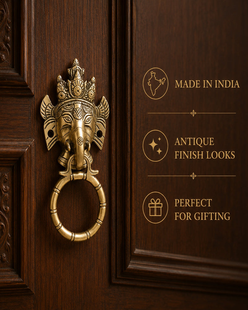Lord Ganesha Brass Door Knocker for Main Door – Antique Finish Ganpati Vastu Face with Ring, 6.5 Inch Ethnic Indian Elephant Design | Auspicious Entrance Decor & Housewarming Gift