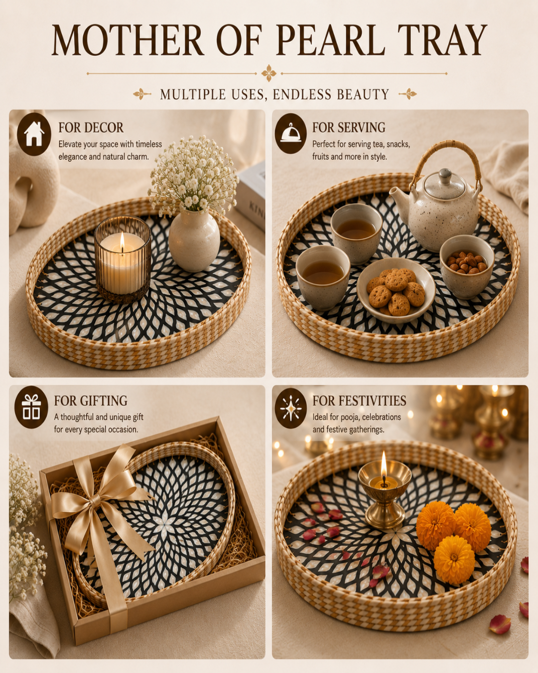 A 2x2 promotional collage for a round woven tray with a black geometric pattern. The top and bottom text reads 'MOTHER OF PEARL TRAY' and lists uses: decor, serving, gifting, and festivities.