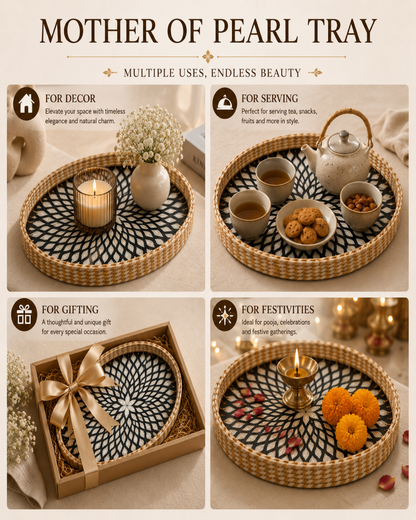 A 2x2 promotional collage for a round woven tray with a black geometric pattern. The top and bottom text reads 'MOTHER OF PEARL TRAY' and lists uses: decor, serving, gifting, and festivities.
