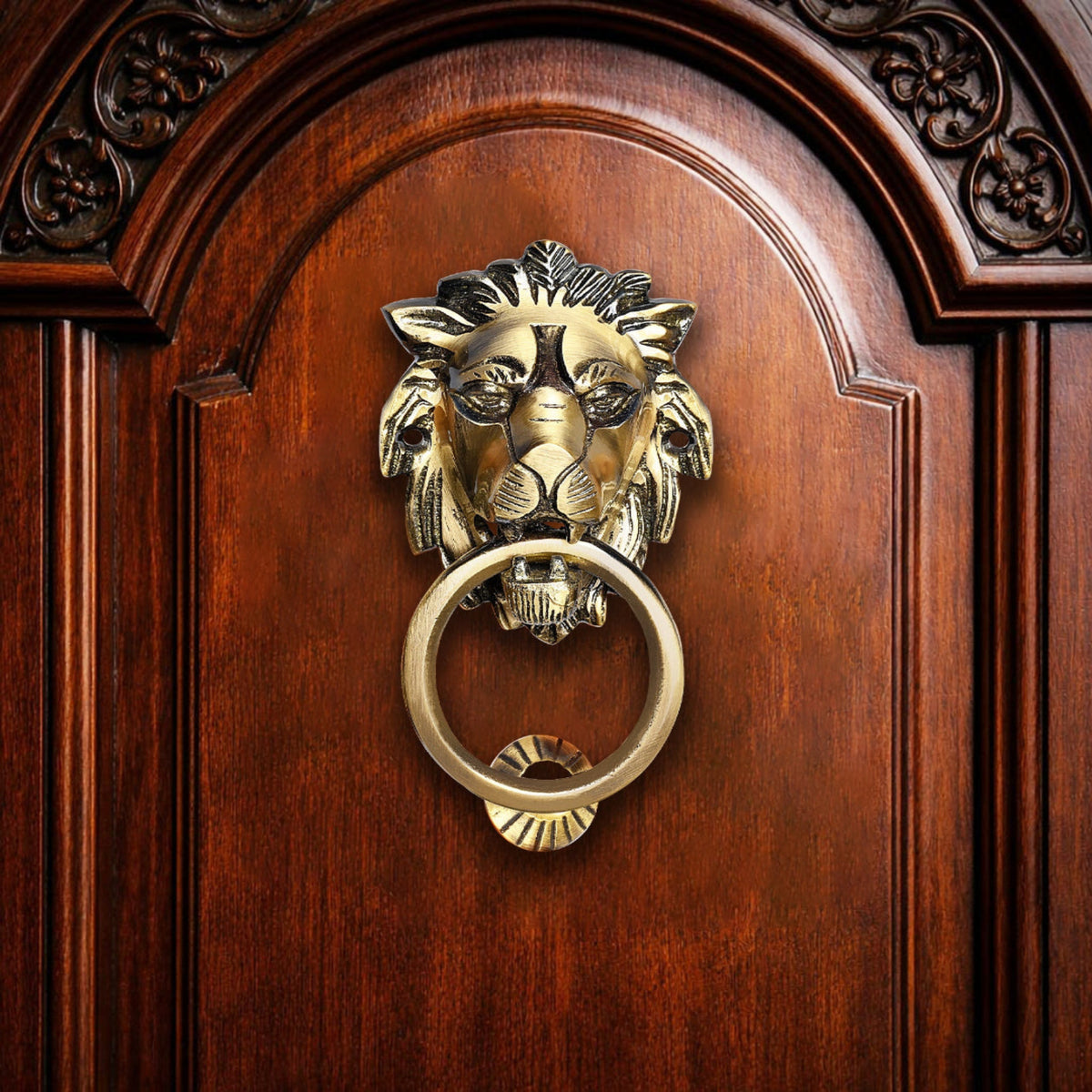 Gold lion head door knocker on a wooden door