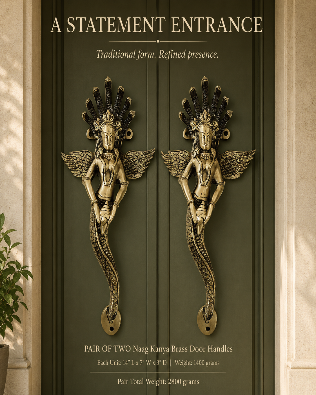 A pair of brass Nag Kanya door handles mounted on dark olive-green double doors, shown in a styled entryway setting with text overlays describing the product details.