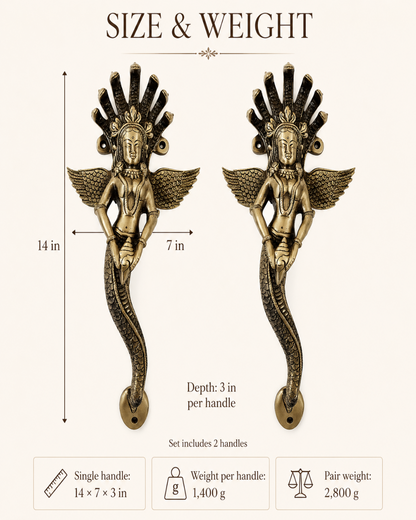 Size and weight information graphic for a pair of winged female figure cabinet handles in an antique bronze finish, showing dimensions of 14 inches height by 7 inches width plus a 3-inch depth, on a light beige background.
