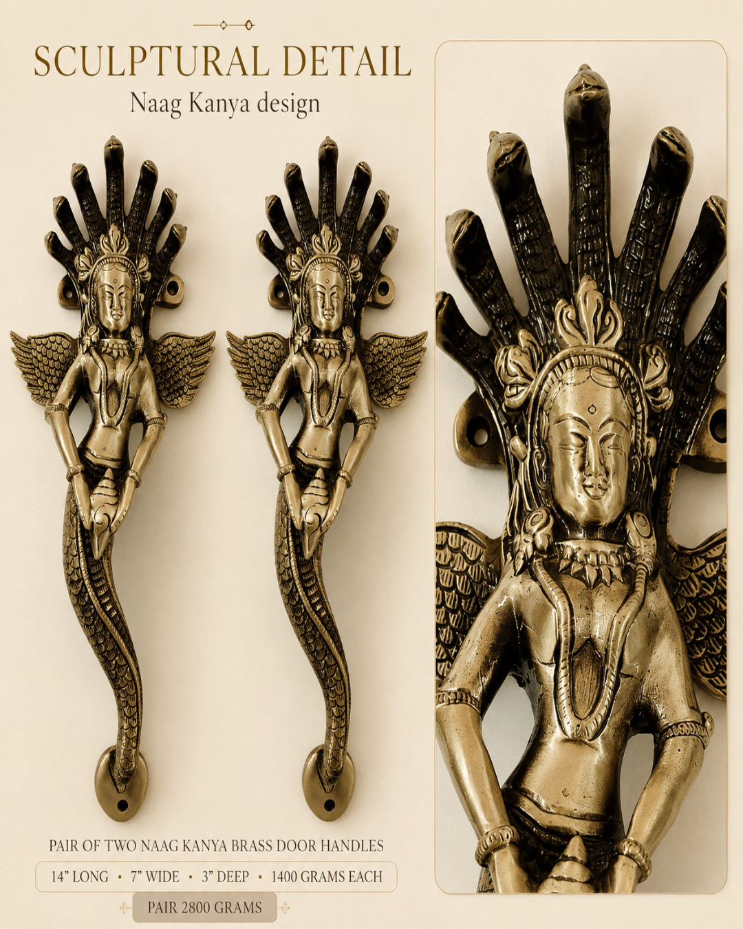 Two brass door handles featuring sculptural Naag Kanya designs, shown on a beige background with product text and a close-up detail panel. The handles have an antique bronze finish with dark patina in recesses.