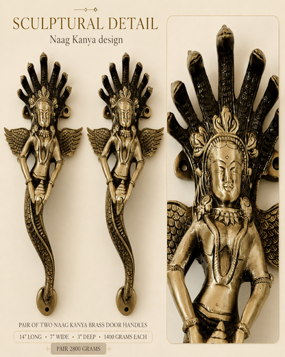 Two brass door handles featuring sculptural Naag Kanya designs, shown on a beige background with product text and a close-up detail panel. The handles have an antique bronze finish with dark patina in recesses.