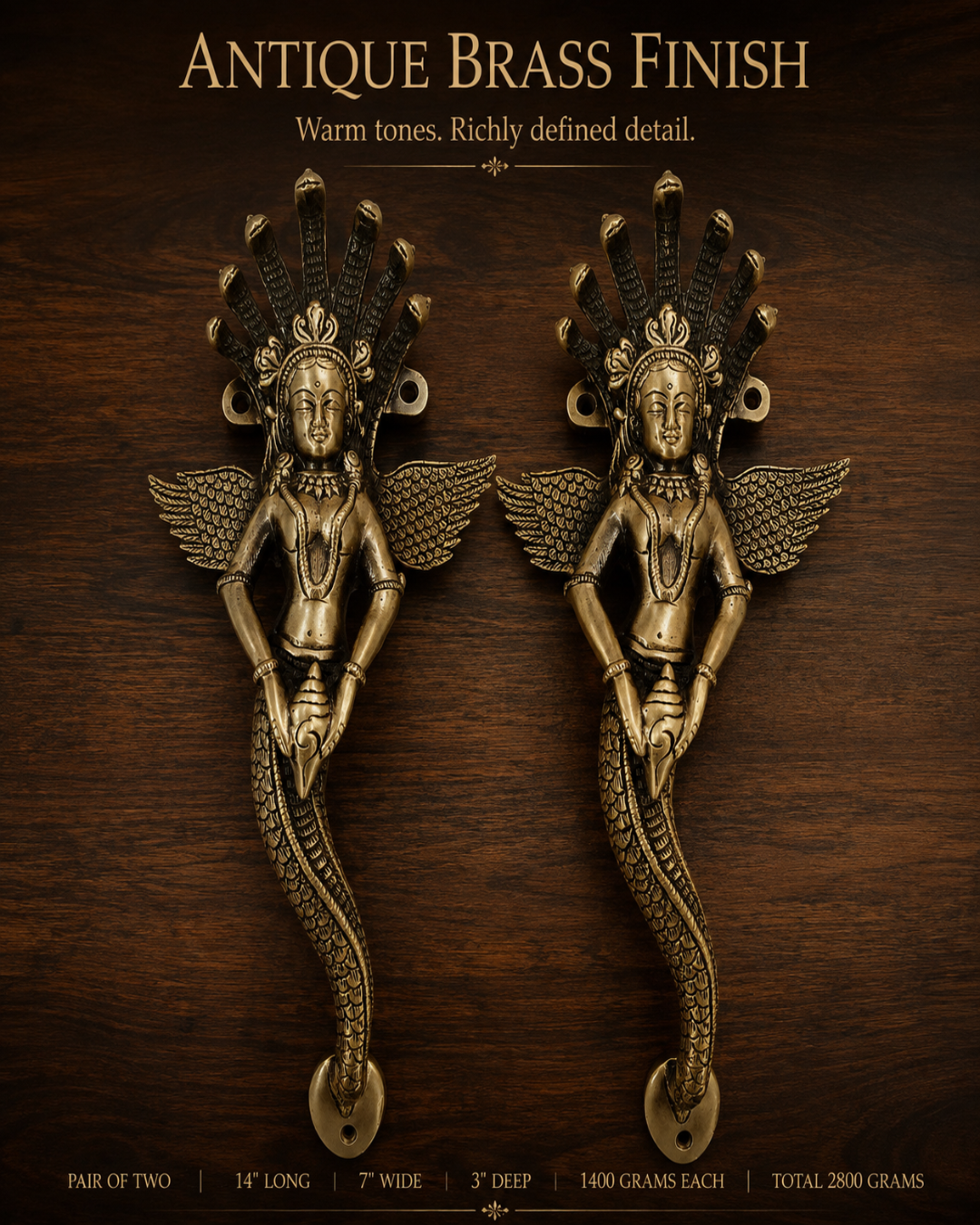 A pair of ornate brass door handles with an antique finish, featuring winged female figures with multi-headed crowns, displayed on a dark wood background with descriptive text overlays.