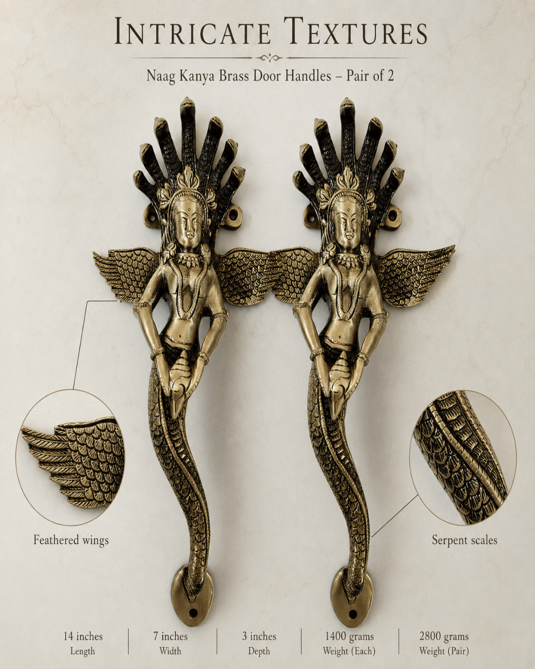 A pair of ornate brass door handles shaped like dancing female figures with feathered wings and serpent-like bodies, shown on a light textured background with callout circles highlighting feathered wings and serpent scales. Text above reads 'Intricate Textures' and 'Naag Kanya Brass Door Handles — Pair of 2'; dimensions and weights are listed below.