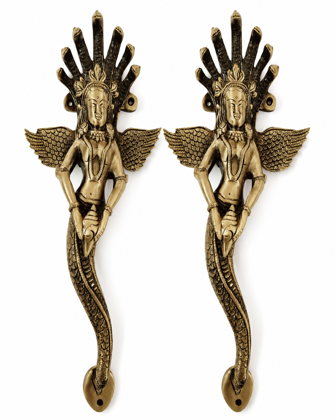 A pair of antique brass door pull handles shaped like winged female figures with a serpent body and a radiating halo, set against a plain white background.