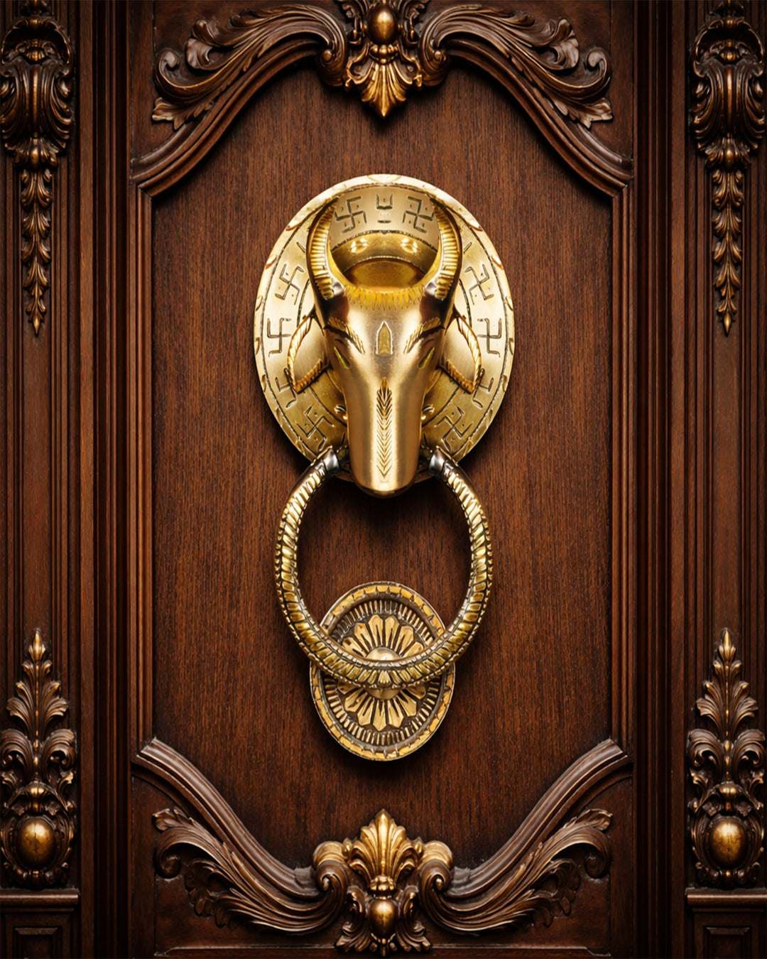 Decorative gold door knocker on a wooden door with intricate carvings