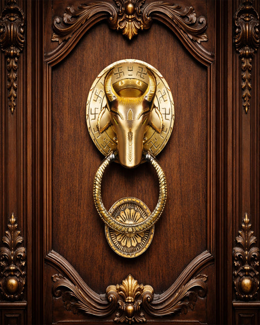 Decorative gold door knocker on a wooden door with intricate carvings