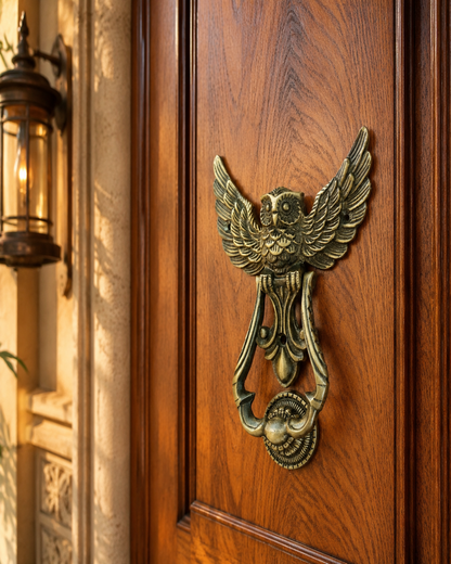 An ornate bronze owl door knocker mounted on a dark wood door, with a warm light glowing from a lantern visible on the left.