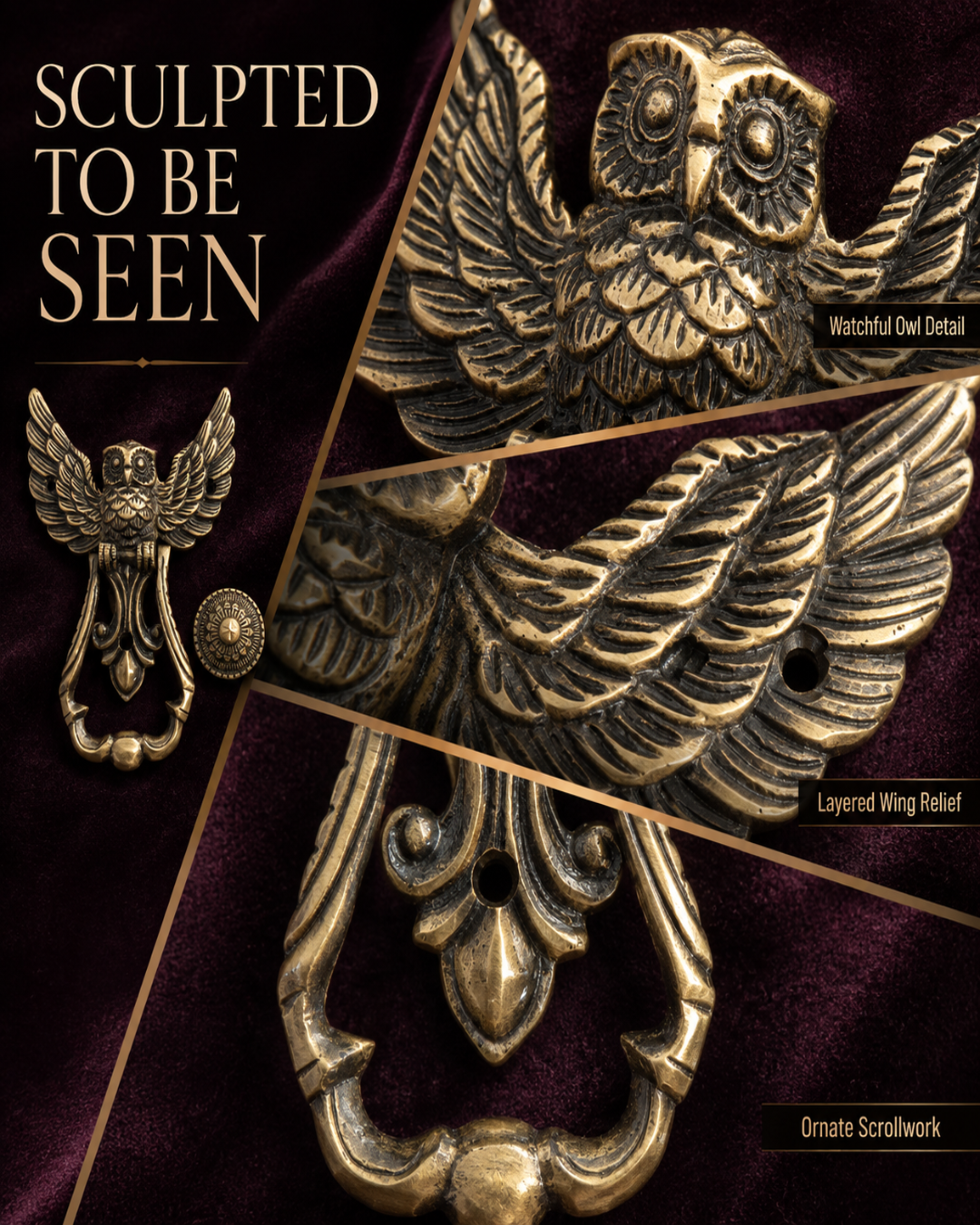 An ornate antique-style metal owl door knocker and pull set with layered wing relief details, shown on a dark burgundy velvet background with decorative text overlays.