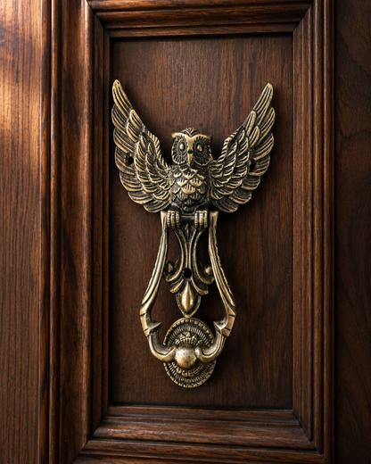 An ornate antique-style owl door knocker in a warm gold/bronze finish, mounted on a dark brown wooden door panel.
