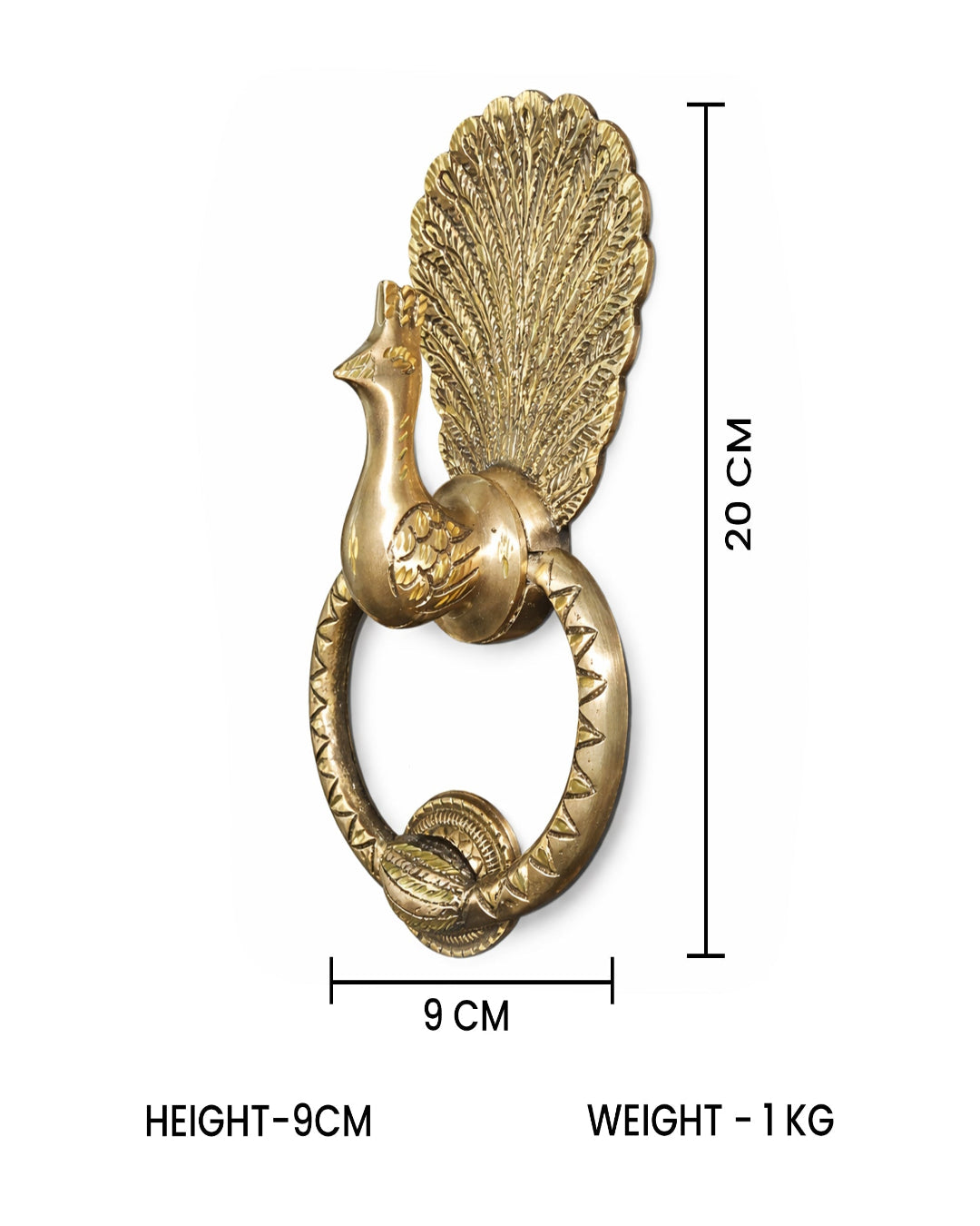 Decorative peacock-shaped brass door knocker with measurements on a white background