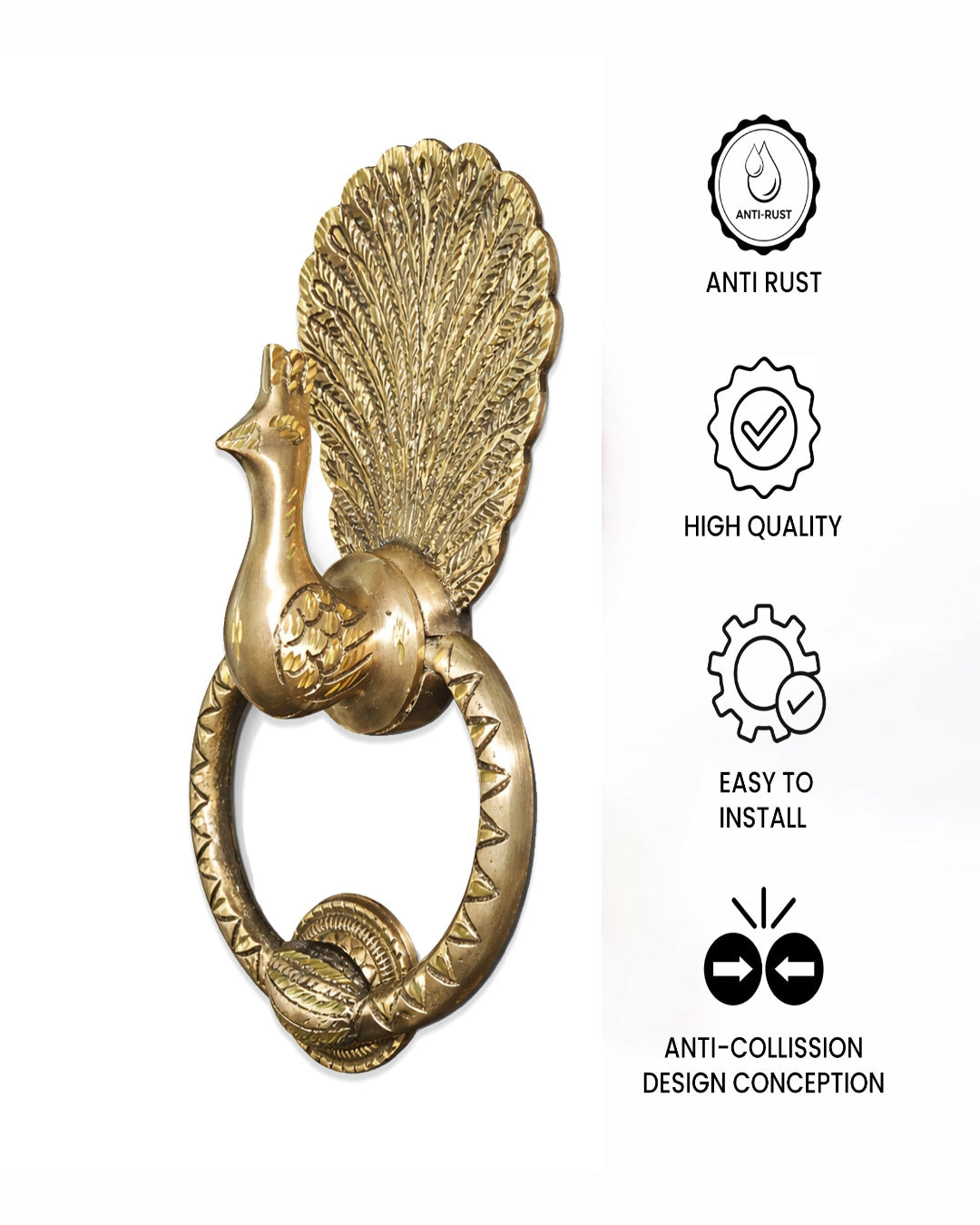 Gold peacock door knocker with quality assurance icons on a white background