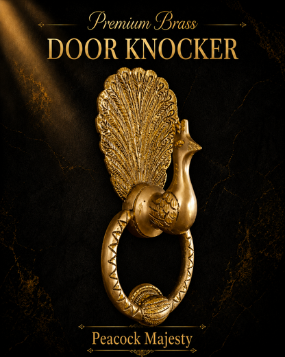 A premium brass door knocker shaped like a peacock, featuring an ornate fan-shaped backplate and a ring handle. The product is displayed against a dark textured background with gold text reading 'Premium Brass DOOR KNOCKER' and 'Peacock Majesty'.