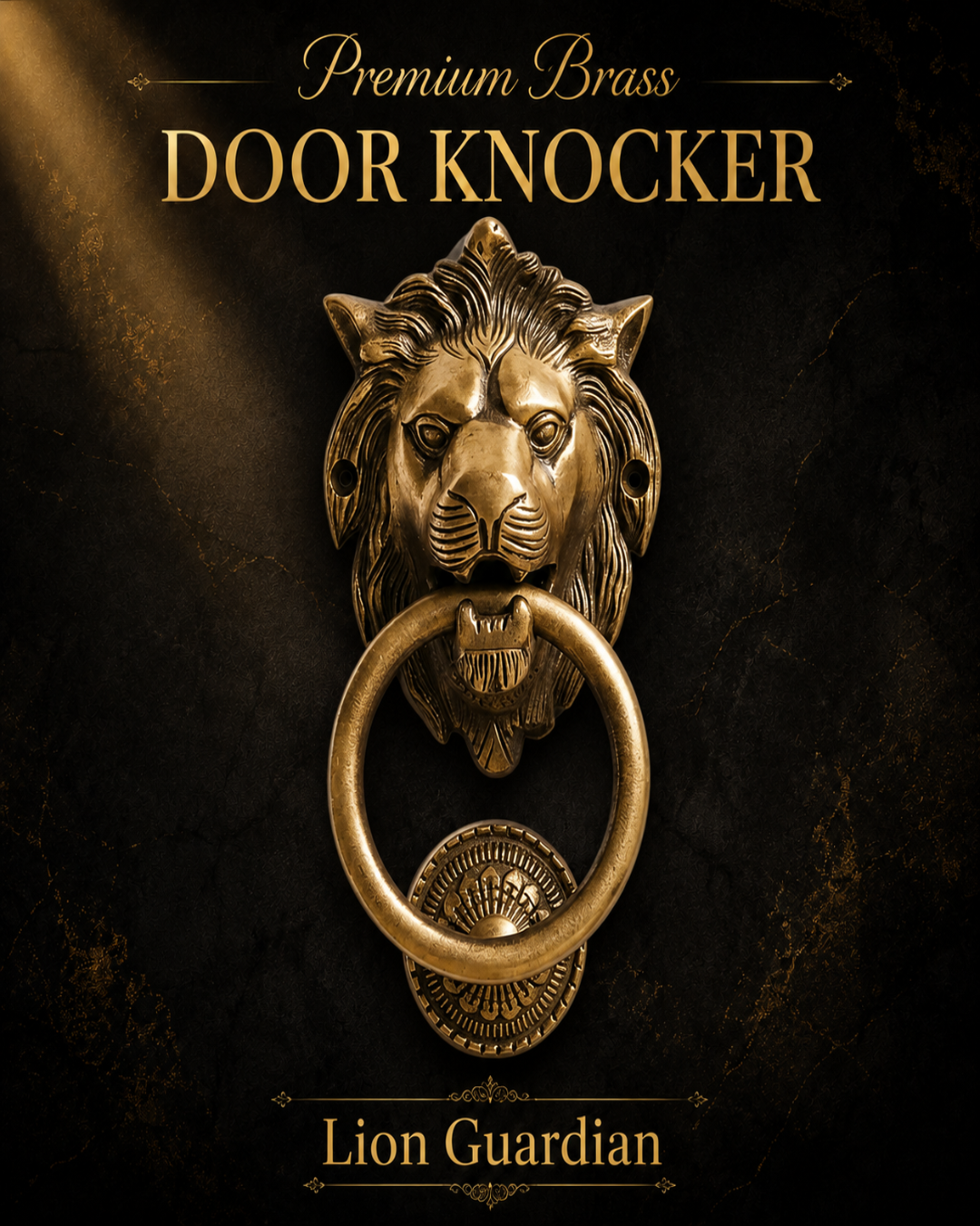 A premium brass lion head door knocker with a circular ring, shown against a dark textured background with gold text reading 'Premium Brass DOOR KNOCKER' and 'Lion Guardian'.