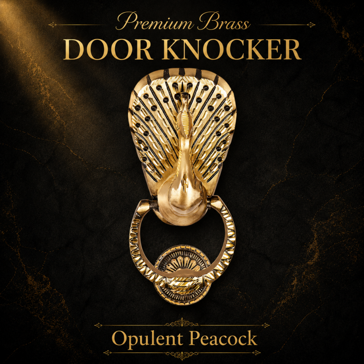 A premium brass door knocker shaped like a peacock, shown centered on a dark textured background with gold lettering that reads 'Premium Brass DOOR KNOCKER' and 'Opulent Peacock.'.