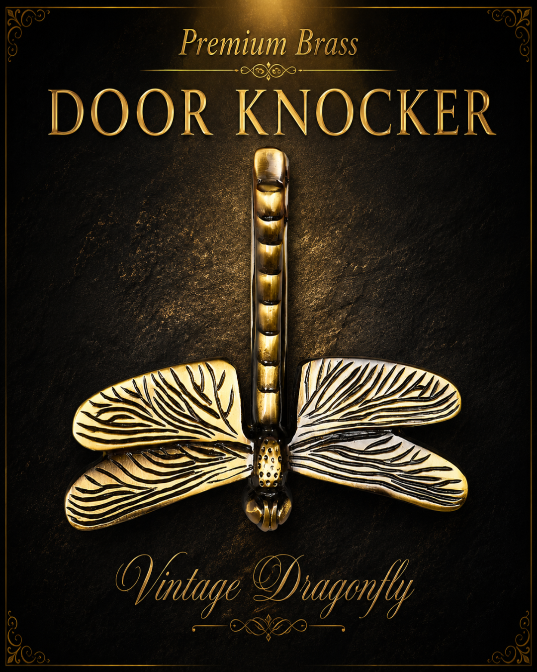 A brass dragonfly-shaped door knocker with engraved wing patterns, centered on a dark textured background with gold text reading 'Premium Brass DOOR KNOCKER' and 'Vintage Dragonfly'.