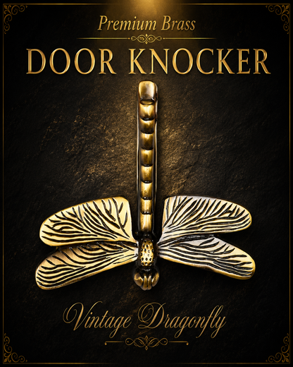 A brass dragonfly-shaped door knocker with engraved wing patterns, centered on a dark textured background with gold text reading 'Premium Brass DOOR KNOCKER' and 'Vintage Dragonfly'.