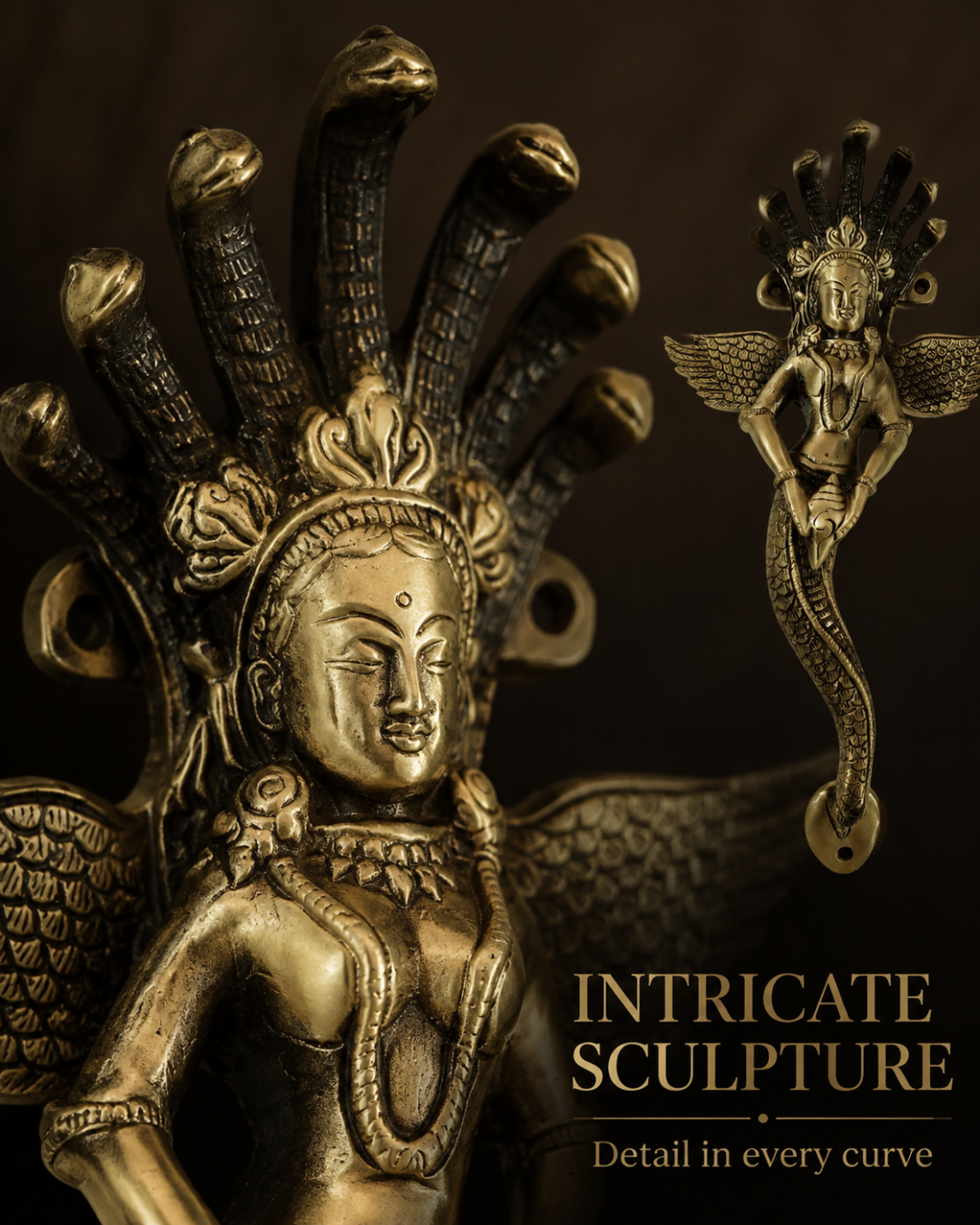 An ornate metallic sculpture of a winged female figure with a multi-headed snake coiled around her neck.