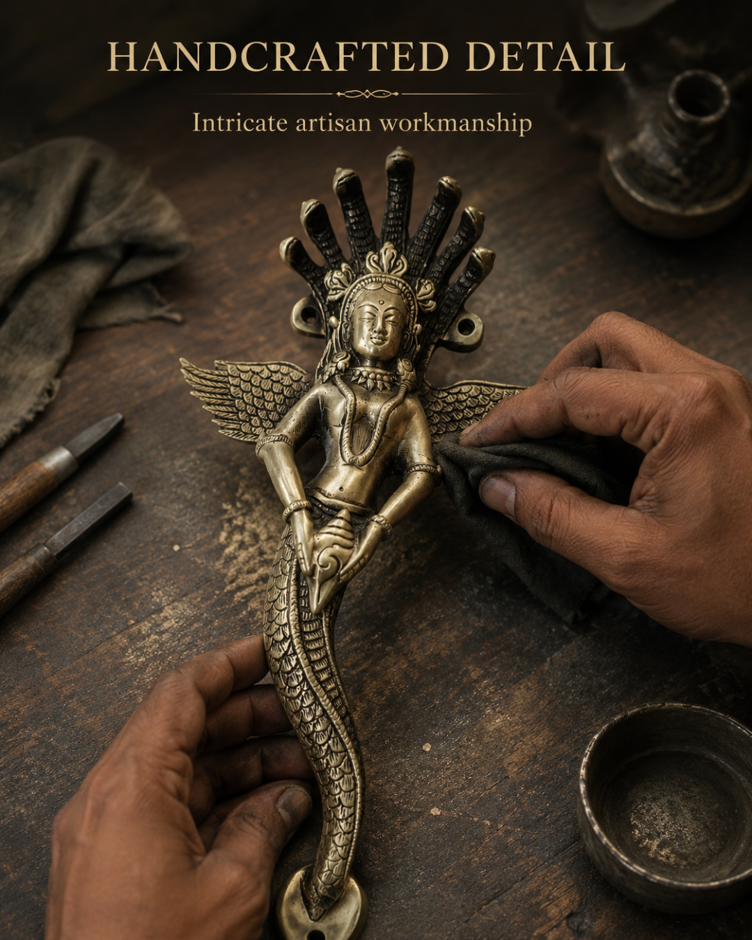 Premium Naag Kanya Antique Brass Door Handle - Handcrafted Detail.