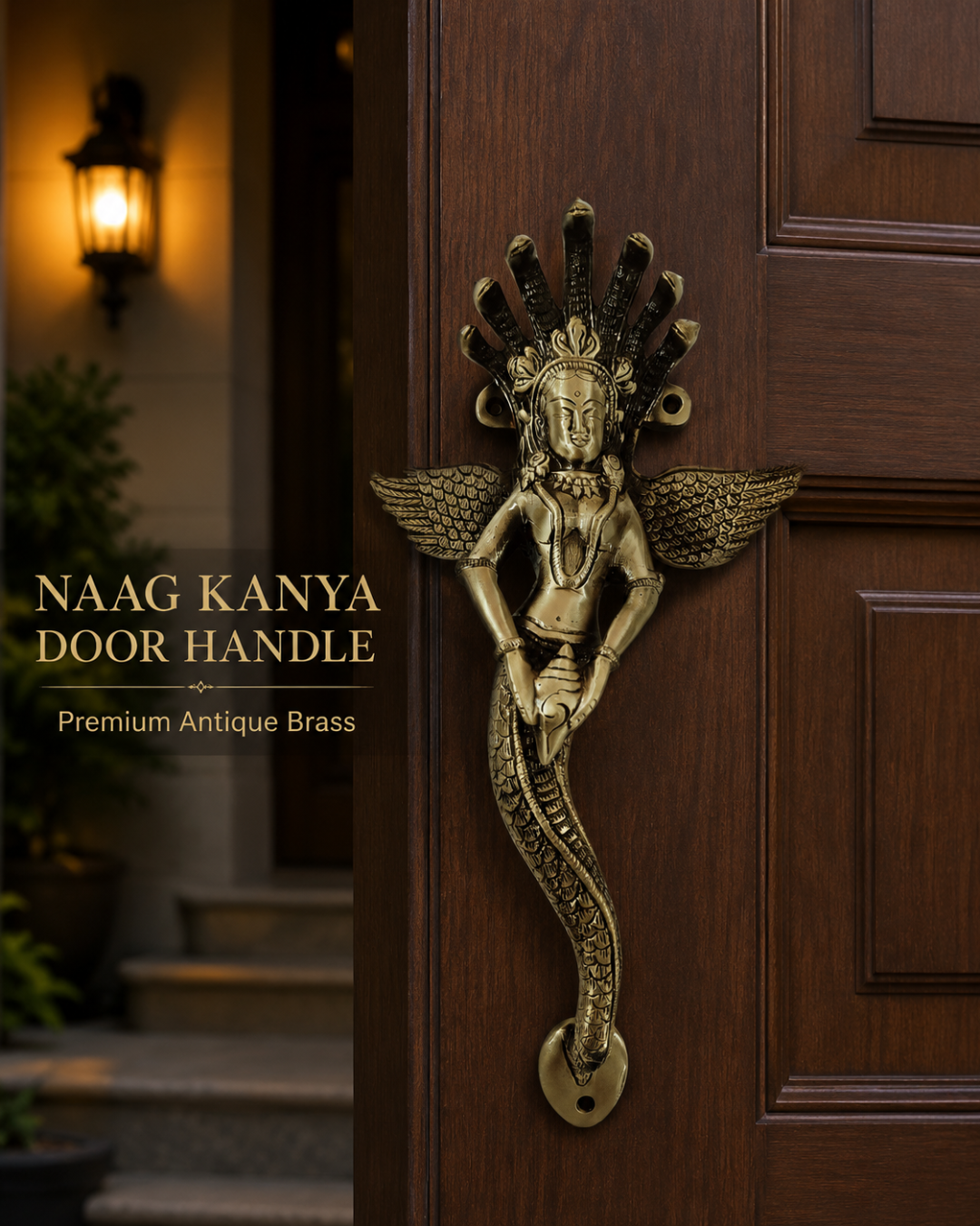 An antique brass Naag Kanya door handle mounted on a dark brown wooden door, with a warm lit porch background and text reading 'NAAG KANYA DOOR HANDLE Premium Antique Brass'.