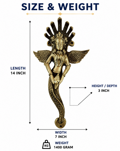 A brass-colored winged female deity door handle with dimension annotations showing a length of 14 inches, width of 7 inches, height of 3 inches, and weight of 1400 grams on a white background.
