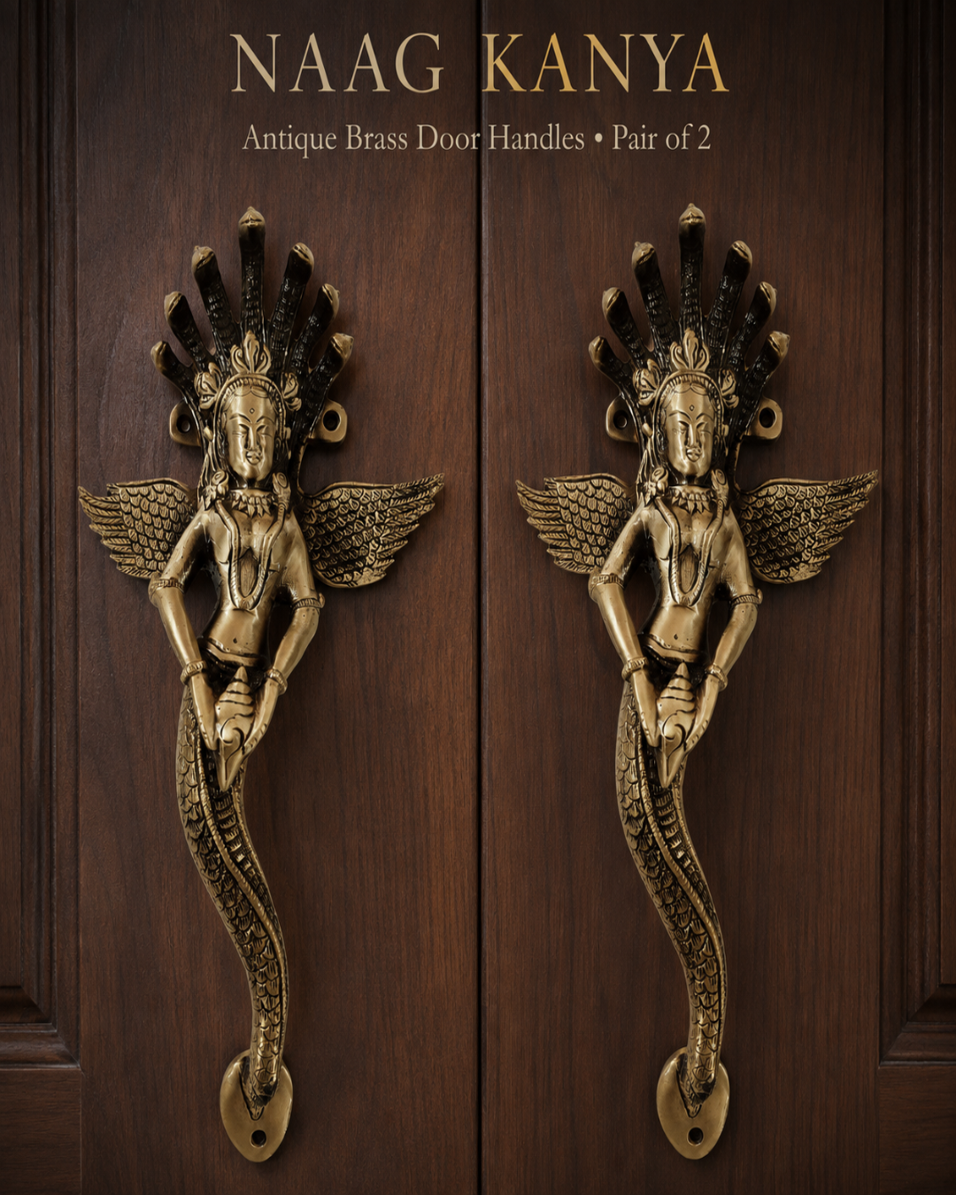 A pair of antique brass door handles shaped like the Hindu goddess Naag Kanya, mounted on dark brown wooden doors. The text 'NAAG KANYA' and 'Antique Brass Door Handles • Pair of 2' is displayed at the top.