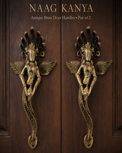 A pair of antique brass door handles shaped like the Hindu goddess Naag Kanya, mounted on dark brown wooden doors. The text 'NAAG KANYA' and 'Antique Brass Door Handles • Pair of 2' is displayed at the top.