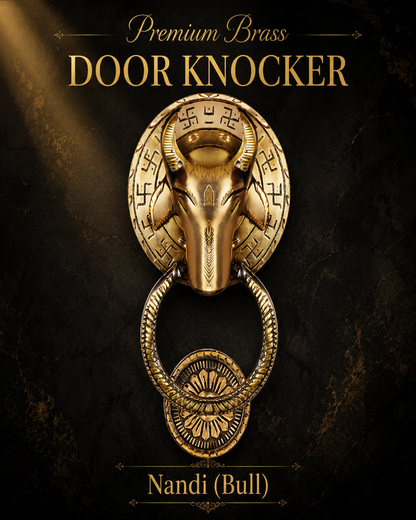 A decorative brass bull head door knocker with a hanging ring, shown centered on a dark textured background with gold text reading 'Premium Brass DOOR KNOCKER' and 'Nandi (Bull)'.