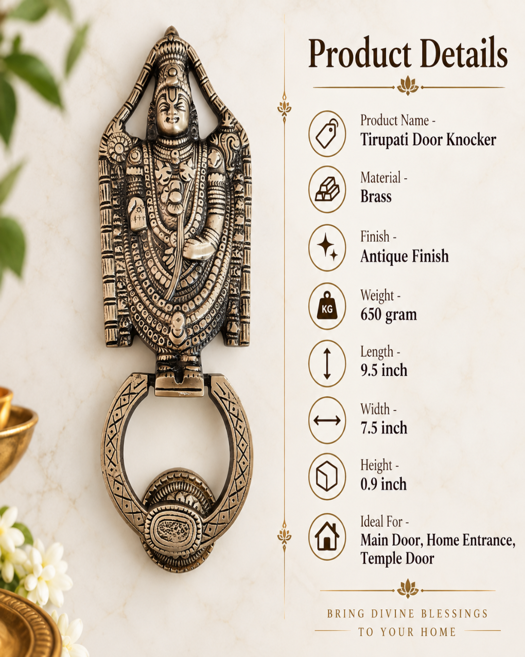 An ornate antique-finish brass Tirupati door knocker featuring a detailed deity design, shown next to a product details panel with dimensions and material information on a light textured background.