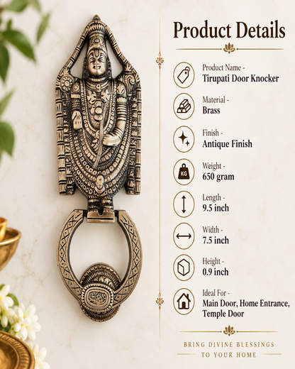 An ornate antique-finish brass Tirupati door knocker featuring a detailed deity design, shown next to a product details panel with dimensions and material information on a light textured background.