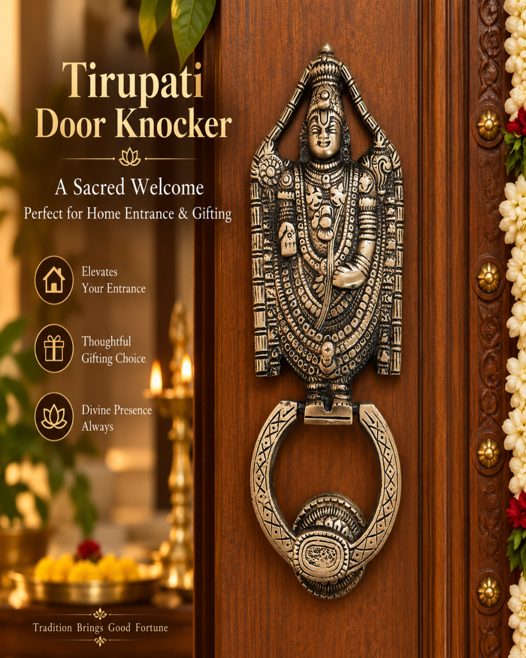An  Tirupati door knocker featuring a detailed deity figure and hanging ring, mounted on a wooden door with promotional text on the left.