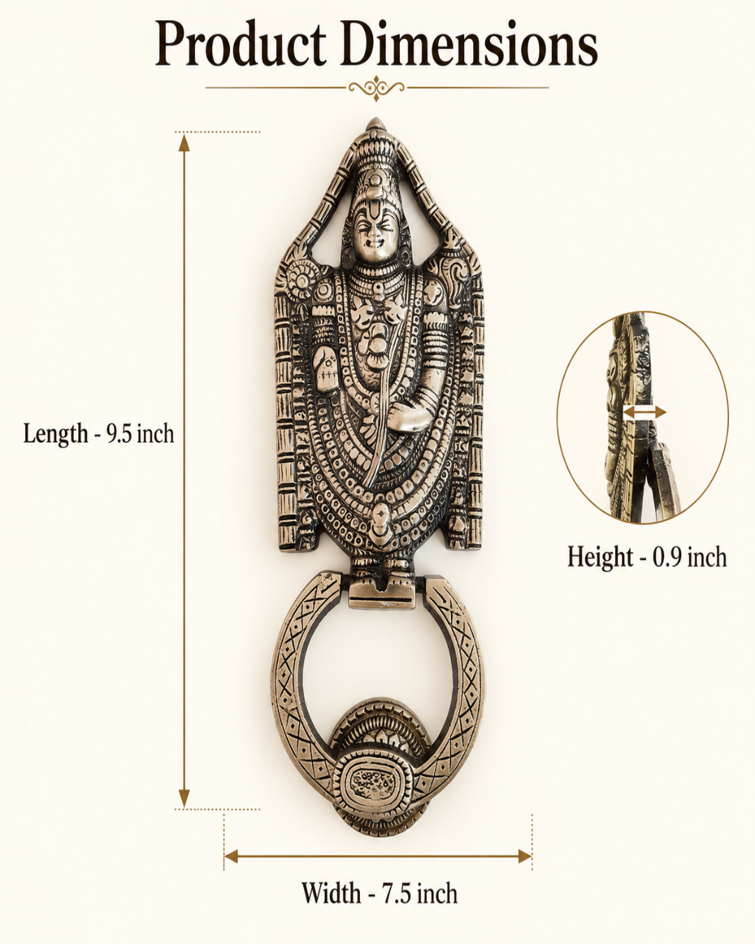 Product dimensions diagram for an ornate metal door knocker featuring a deity figure and a ring pull, with labeled measurements of 9.5 inch length, 7.