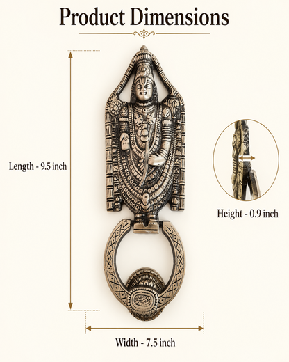 Product dimensions diagram for an ornate metal door knocker featuring a deity figure and a ring pull, with labeled measurements of 9.5 inch length, 7.