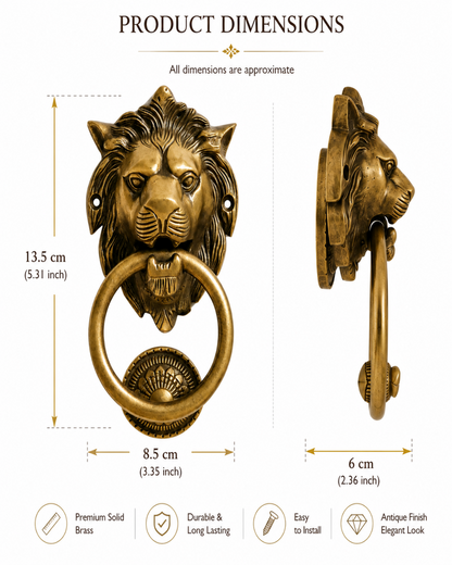 Product dimensions diagram for a lion head ring pull door knocker in antique brass, showing front and side views with measurements and feature icons on a white background.