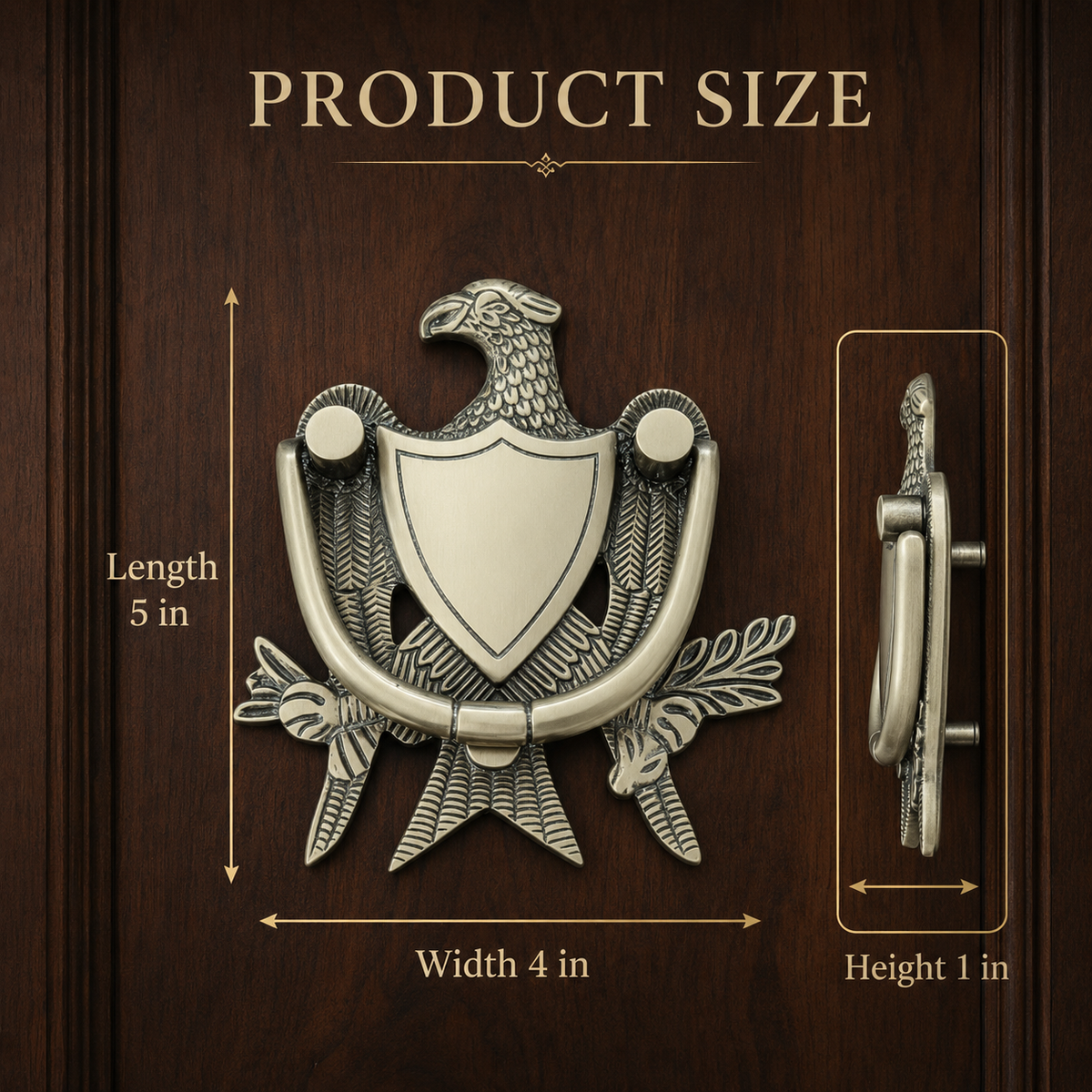 Product size diagram of a decorative metal door knocker with an eagle and shield motif, shown on a dark wood background with labeled dimensions: length 5 in, width 4 in, and height 1 in.