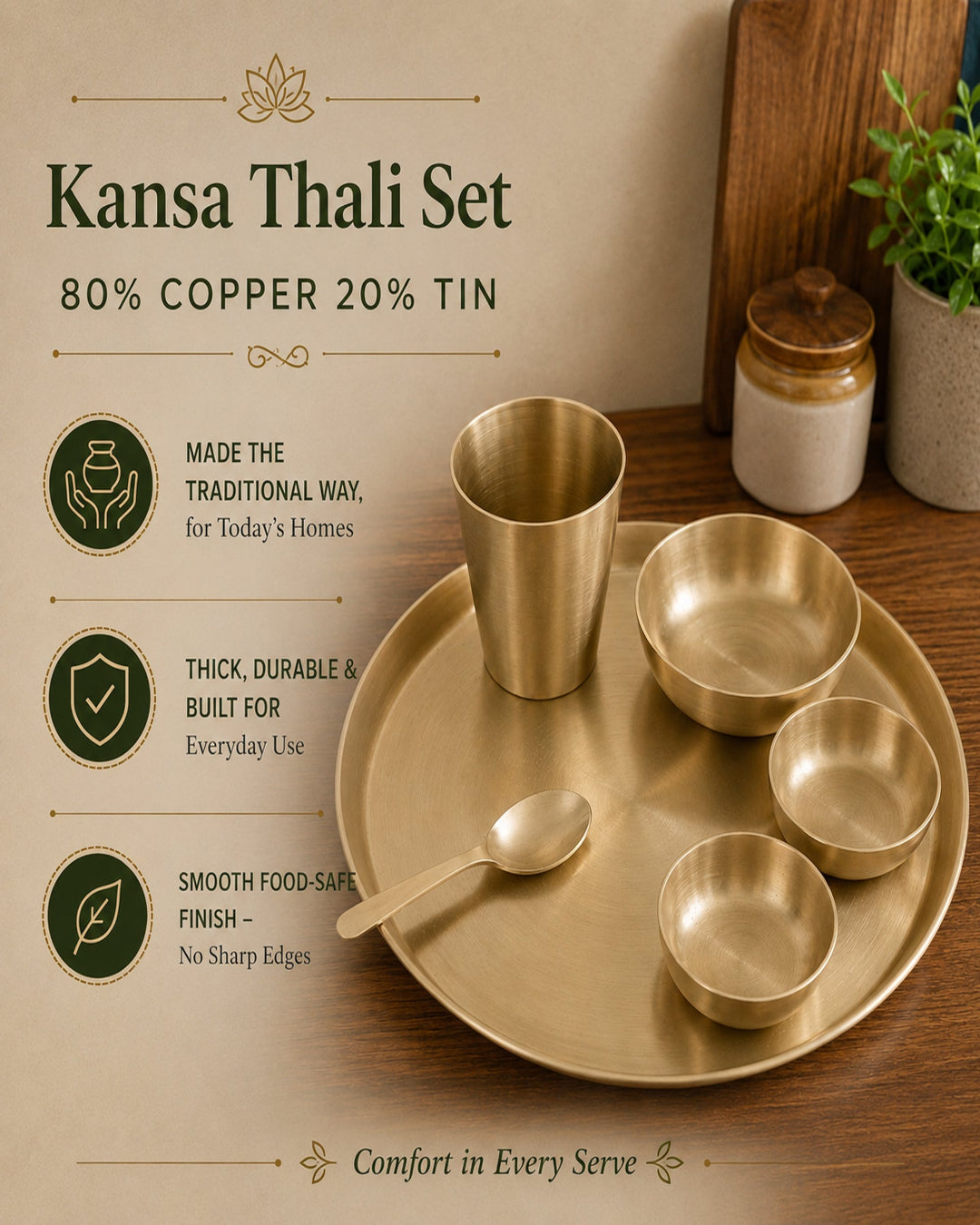 Kansa Thali Set with copper cups, bowls, and a spoon on a wooden surface.