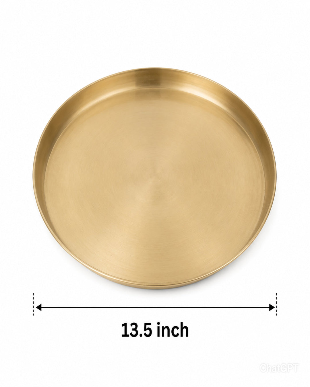 Gold round tray with measurement label on a white background