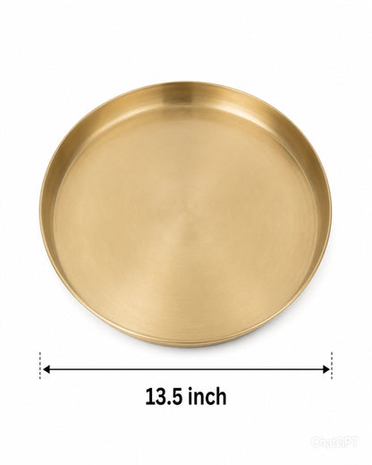 Gold round tray with measurement label on a white background