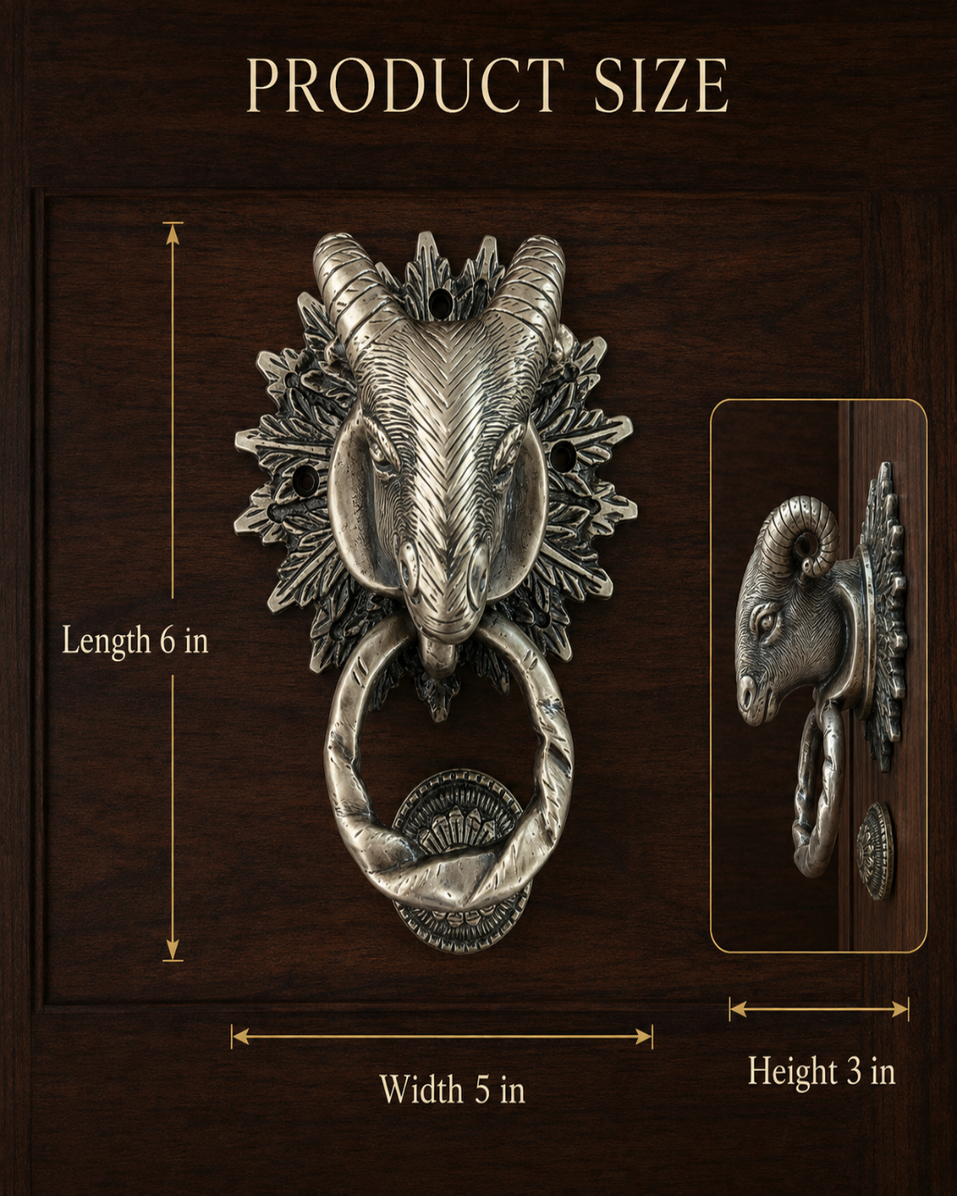 Rustic ram head door knocker with a ring pull, shown on a dark wood background with overlaid dimensions labeled 6 in height, 5 in width, and 3 in height, plus a small inset detail view.