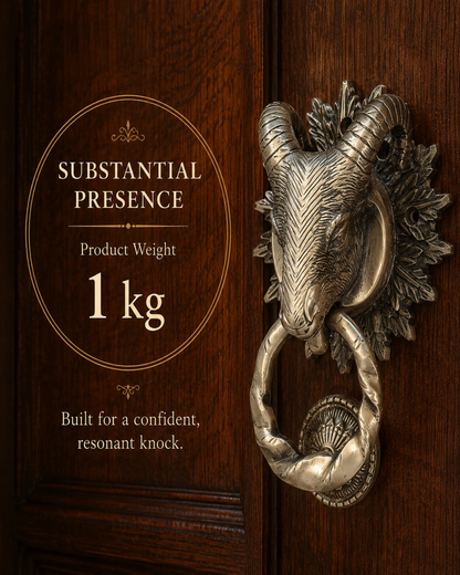 An ornate bronze ram-head door knocker with a twisted ring, mounted on a dark wood door. A circular text overlay on the left reads 'SUBSTANTIAL PRESENCE', 'Product Weight 1 kg', and 'Built for a confident, resonant knock.