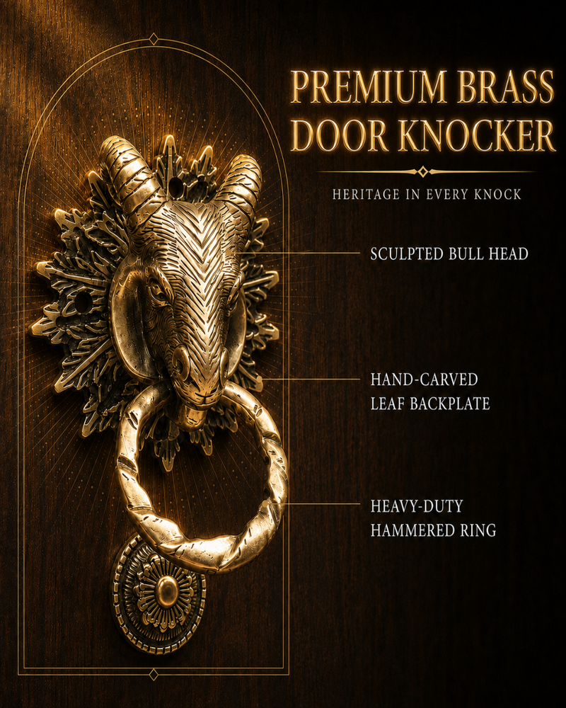 A premium brass door knocker featuring a sculpted bull head with a hammered ring, shown on a dark wood background with text callouts describing its features.